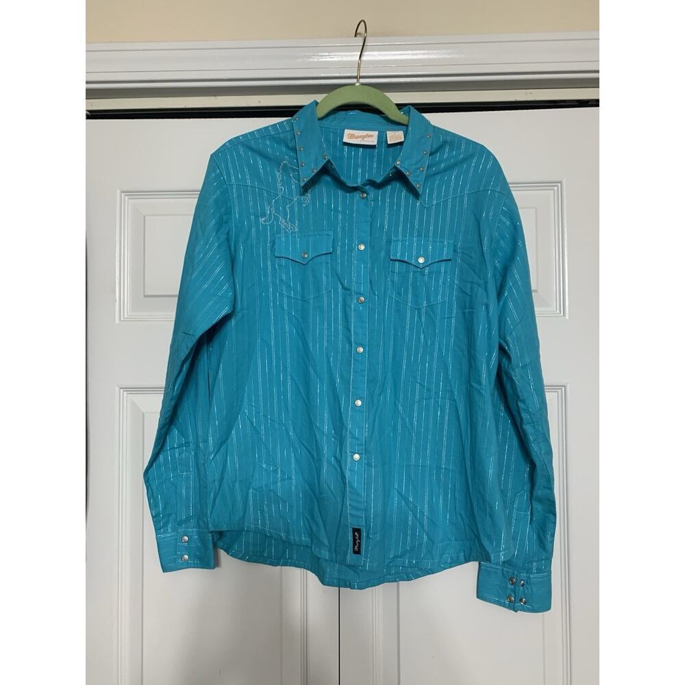 Wrangler Premium Women’s Turquoise Silver‎ Sparkle Metal Horseshoe Snap Shirt L